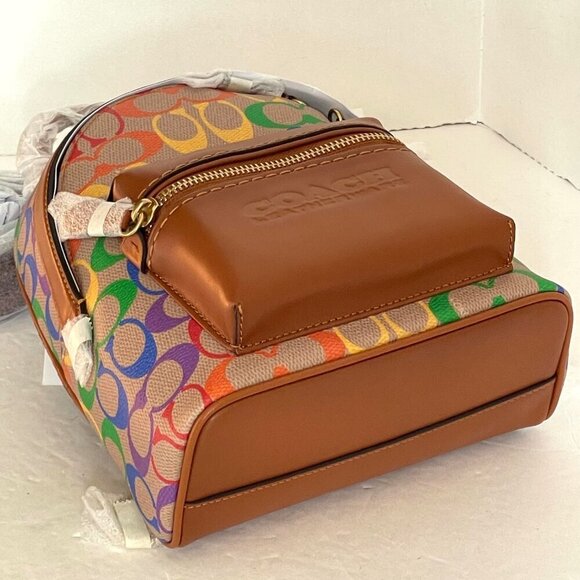 Coach Charter Backpack 18 Small Rainbow Signature Canvas Brown Leather Unisex - Picture 10 of 11